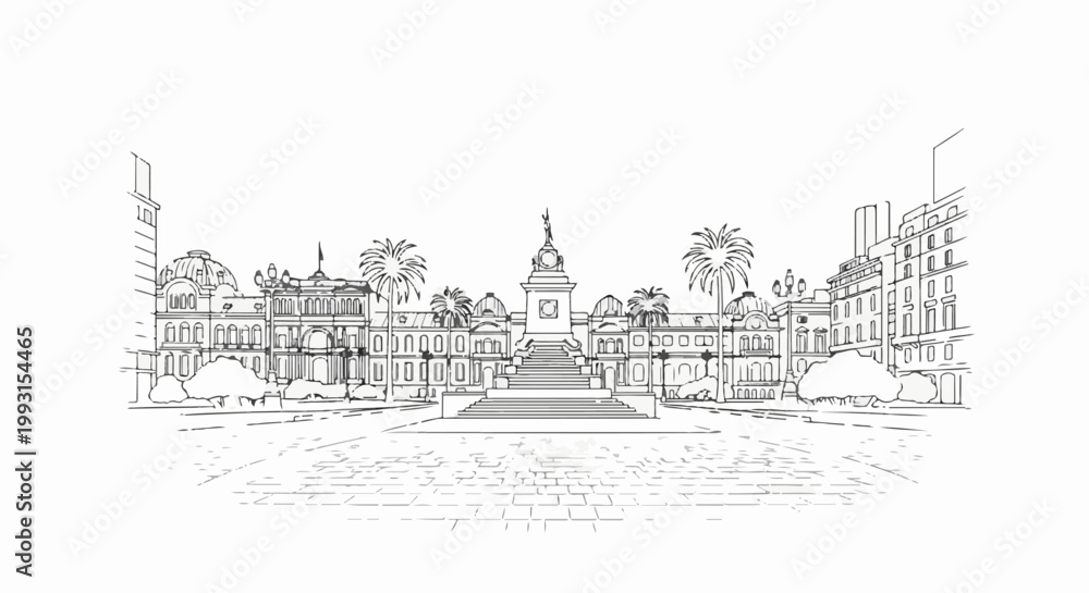 Fototapeta premium Ornate buildings surround a central monument on a stone-paved plaza with palm trees