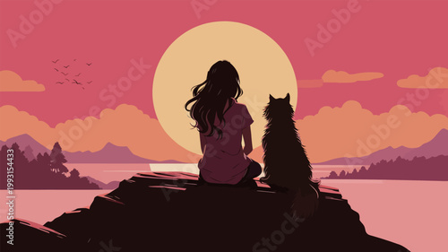 Girl and Dog Watching Sunset by Lake