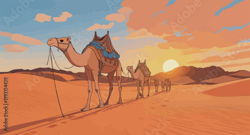 Camels Traveling in Desert at Sunset