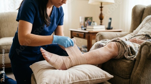 Female home healthcare nurse bandaging the leg of an elderly patient.