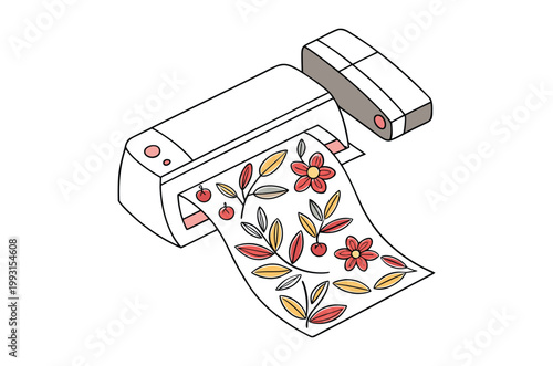 Isometric illustration of a printer producing a floral patterned sticker roll