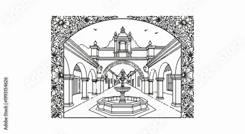 Ornate archway framing a courtyard with a fountain and colonial architecture