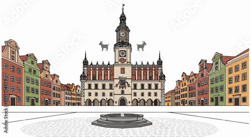 Historic town square with ornate town hall, colorful buildings, fountain, and goats