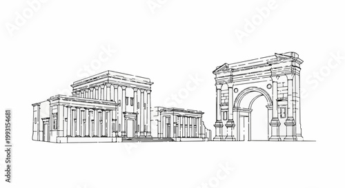 Sketch of classical buildings and triumphal arch on white background
