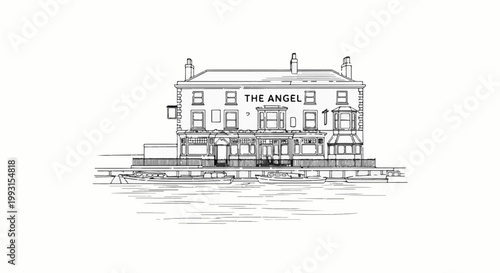 Sketch of an establishment by the water, with boats docked