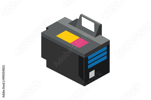 Isometric illustration of a gray inkjet printer cartridge with color details