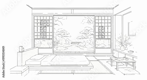 Serene Japanese-style bedroom with tatami mats and garden view