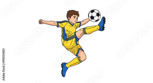 Young boy soccer player jumping to kick a ball in the air isolated on white background