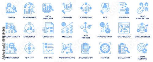 KPI icon collection set. with icon performance, growth, strategy, efficiency, target, metric, measure, benchmark, dashboard and more. Blue style vector illustration. 