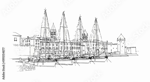 Hand-drawn sketch of sailboats moored in a historic coastal town harbor
