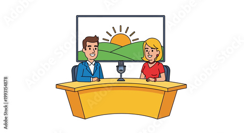 Two people sitting at a desk with a screen.