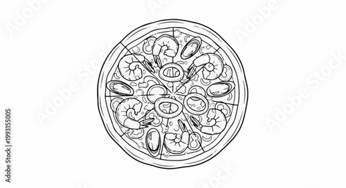Hand-drawn black and white seafood pizza illustration with shrimp and mussels