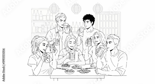Friends enjoying drinks and snacks at a table, with shelves of bottles behind