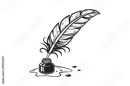 Vintage illustration of a quill pen and inkwell with spilled ink