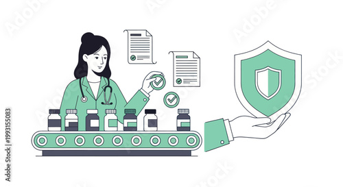 Doctor overseeing pharmaceutical quality control and drug safety production line