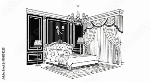 Elegant bedroom scene with tufted bed, chandelier, and ornate drapes