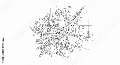 Detailed schematic aerial view of an urban intersection with buildings and roads