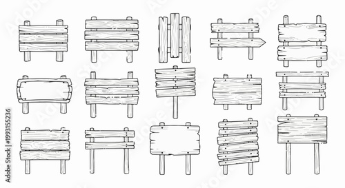 Collection of various hand-drawn wooden signpost illustrations with different shapes