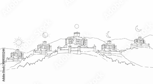 Hillside castles with sun, moon, and crescent moon symbolism
