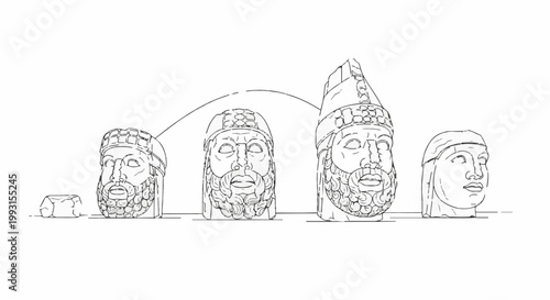 Line drawing of ancient stone heads with beards and ornate headwear