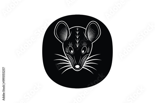 Detailed black and white illustration of a mouse s head within an oval frame