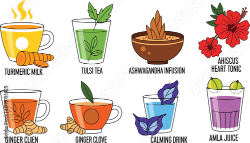Ayurvedic Herbal Infusion and Wellness Vector Icon Set Featuring Turmeric Milk, Tulsi Tea, Ashwagandha Infusion, Hibiscus Heart Tonic, Ginger Clove Tea, Calming Drink, and Amla Juice