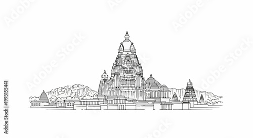 Ornate stone temple complex with layered spires and rocky backdrop