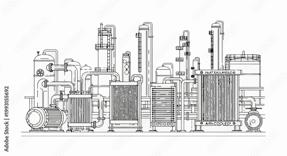 Naklejka premium Industrial plant with complex piping and heat exchangers