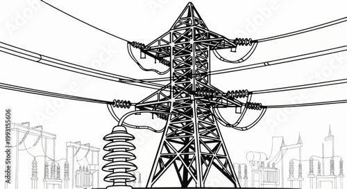 Detailed line drawing of a transmission tower with power lines and substations