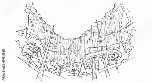 Dramatic canyon walls rise majestically, framing a serene valley with trees