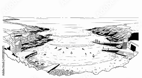 Coastal swimming pool nestled between rocky shores with people enjoying the water