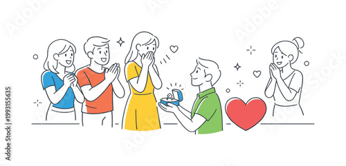 Romantic marriage proposal moment where one person expresses commitment and intention to their partner, visualized through a ring box and a simple heart as the main