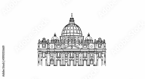 Majestic dome and facade of a grand historical building, illustrated in monochrome