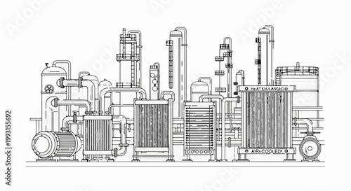 Industrial plant with complex piping and heat exchangers