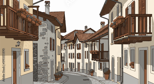 Charming cobblestone street lined with European-style buildings and balconies