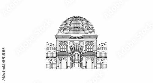 Grand dome structure with arched entrances and windows, sketched