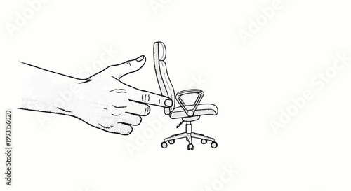 Giant finger points at tiny office chair on white background