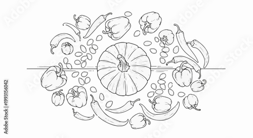 Hand-drawn arrangement of pumpkins, bell peppers, chili peppers, and seeds