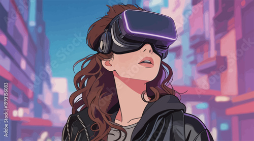 Woman in VR Headset in Cyberpunk Cityscape