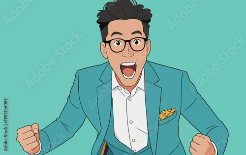 Cheerful Man in Blue Suit with Energetic Expression