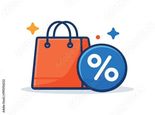 Retail sales promotion highlighting customer attraction and increased purchase motivation, a shopping bag paired with a percentage symbol and small decorative stars