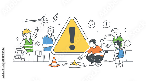 People recognizing potential risks and hazards in a workplace or everyday environment to ensure safety and awareness, illustrated through a clear metaphor of a prominent