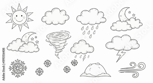 Hand-drawn weather icons sun, moon, clouds, snow, rain, tornado, lightning, wind