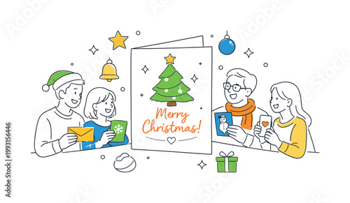 Christmas group sharing festive greetings and celebrating together while exchanging cards and messages in a cheerful environment, visualized with a metaphor of a central