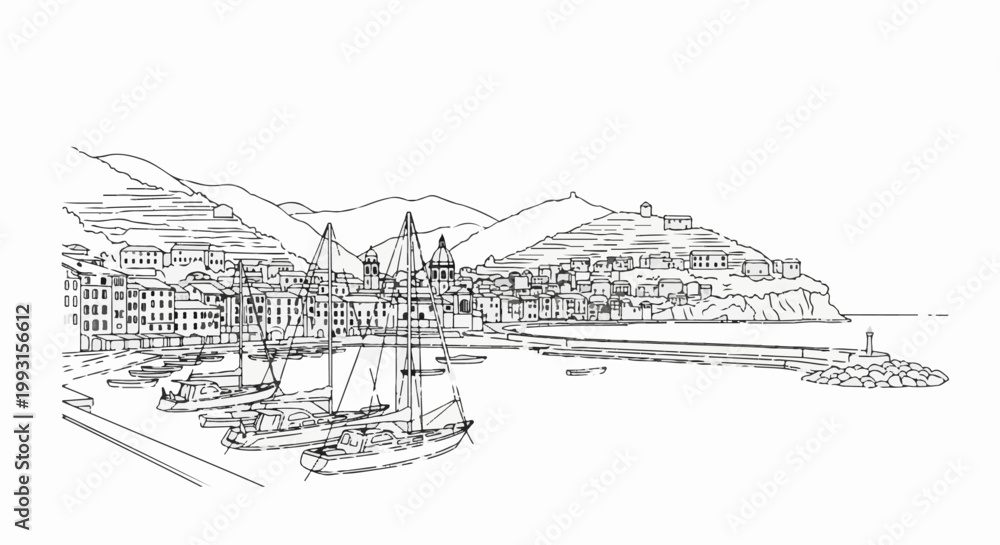 Obraz premium Detailed line drawing of a coastal town with sailboats moored in a harbor