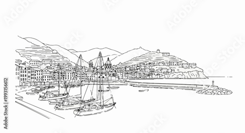 Detailed line drawing of a coastal town with sailboats moored in a harbor