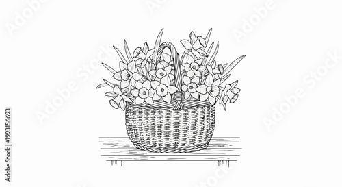 Line art illustration of a woven basket overflowing with daffodils on a wooden surface