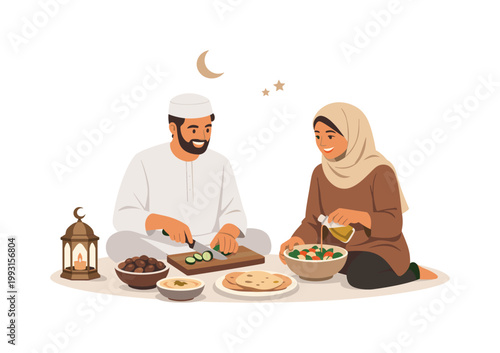 Ramadan a period of community connection and shared values in a cultural setting, illustrated by two people preparing a simple meal together with a minimal lantern placed