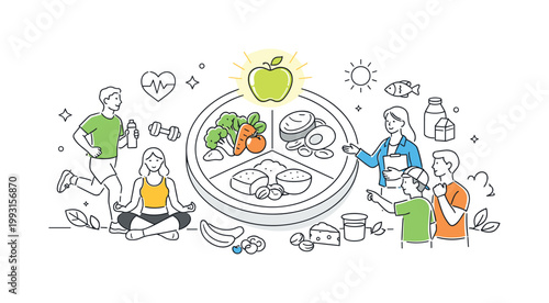 A healthy lifestyle and dietary awareness concept where variety in food intake supports well-being and energy, depicted through a simple scene with different food shapes