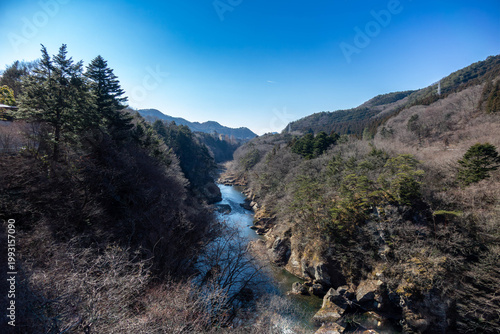 Kinugawa Onsen Landscape with Suspension Bridge and Valley View in Nikko, Tochigi, Japan